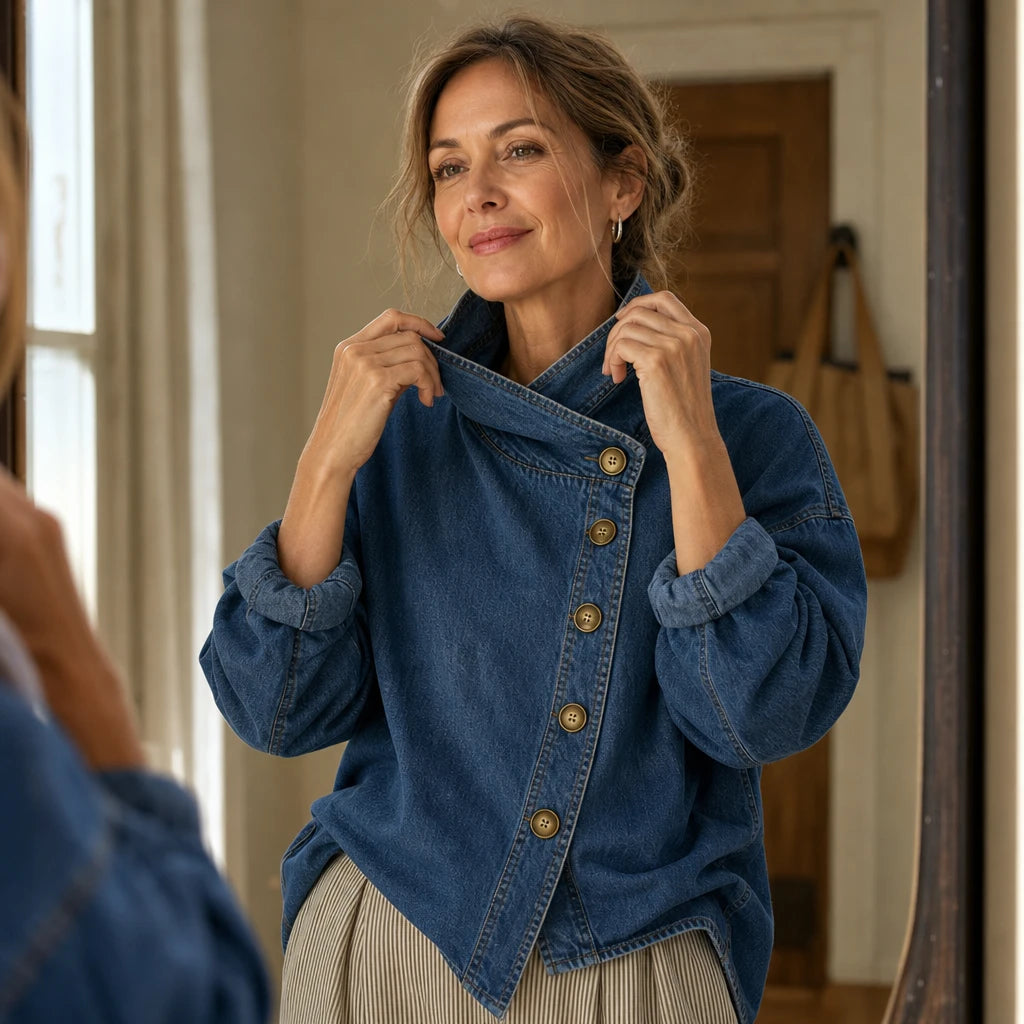 Dam Asymmetrisk Denimjacka - Skjortkrage och Diagonala Knappar