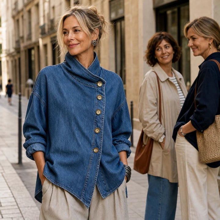 Dam Asymmetrisk Denimjacka - Skjortkrage och Diagonala Knappar