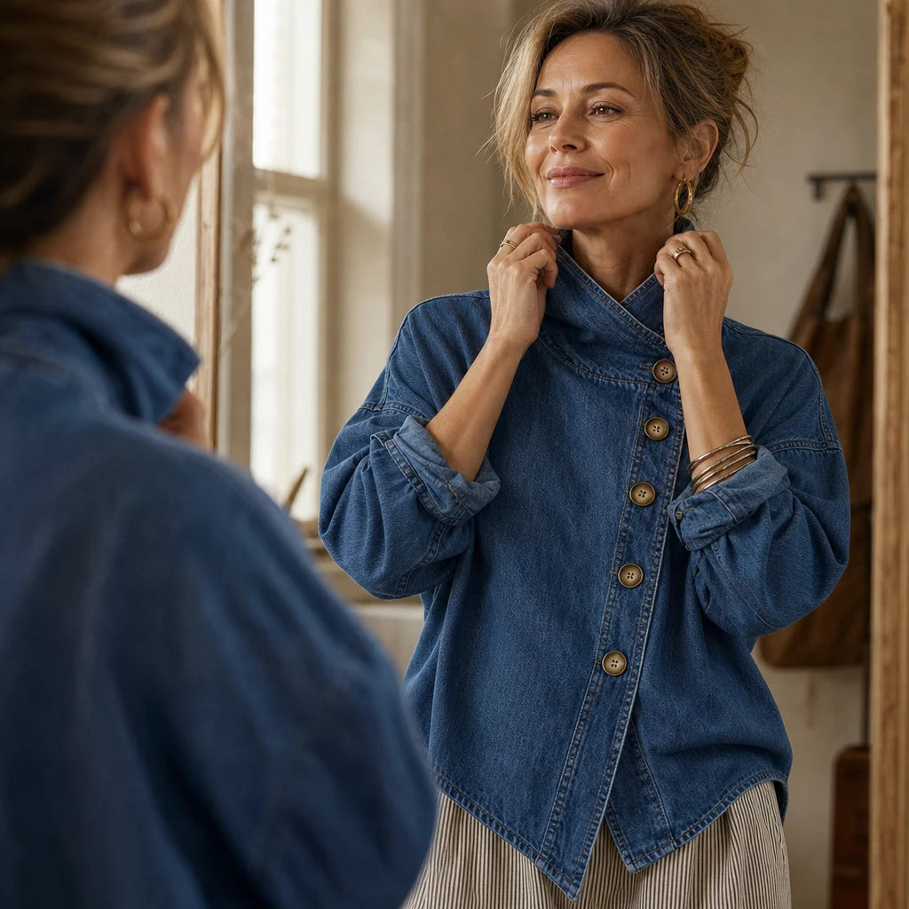 Dam Asymmetrisk Denimjacka - Skjortkrage och Diagonala Knappar