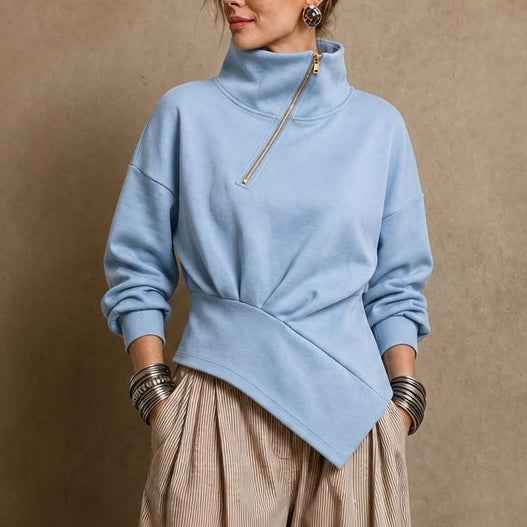 Dam Asymmetrisk Dragkedja Höghals Sweatshirt in blå, Stilfull Design
