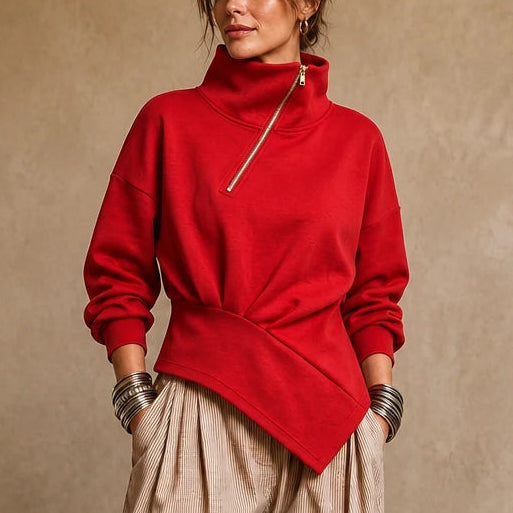 Dam Asymmetrisk Dragkedja Höghals Sweatshirt in röd, Stilfull Design