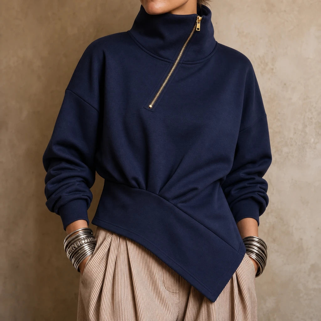 Dam Asymmetrisk Dragkedja Höghals Sweatshirt - Stilfull Design
