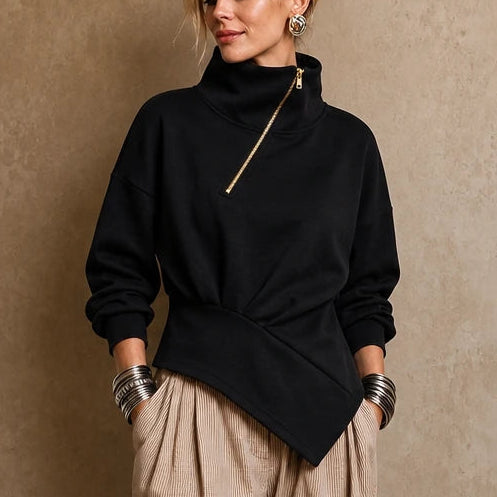 Dam Asymmetrisk Dragkedja Höghals Sweatshirt in svart, Stilfull Design