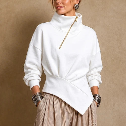 Dam Asymmetrisk Dragkedja Höghals Sweatshirt in vit, Stilfull Design