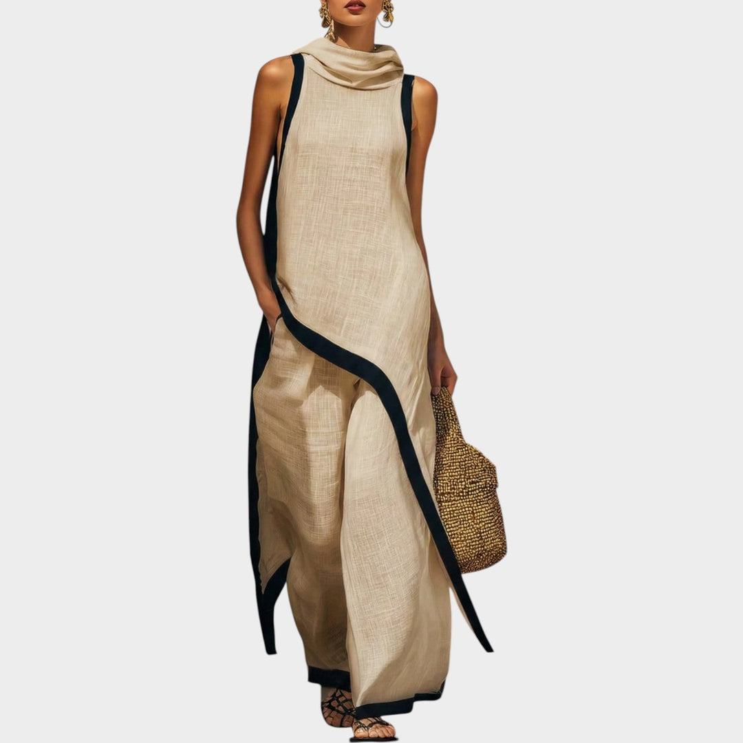 Dam Asymmetrisk Kontrastset Tvådelat - Elegant Sommarkollektion - Khaki
