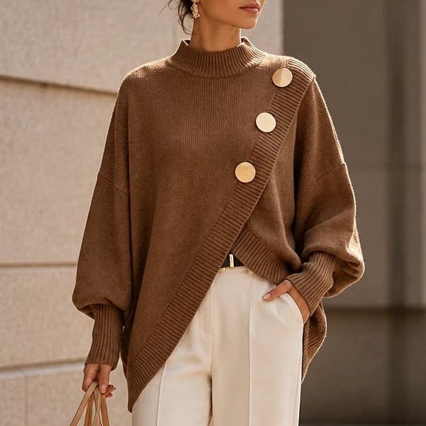 Dam Asymmetrisk Mock-Neck Stickad Tröja in brun, Minimalistisk