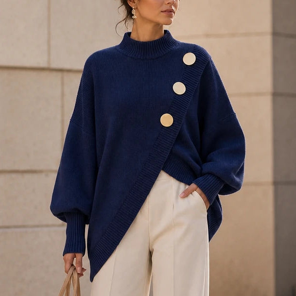 Dam Asymmetrisk Mock-Neck Stickad Tröja in marinblå, Minimalistisk