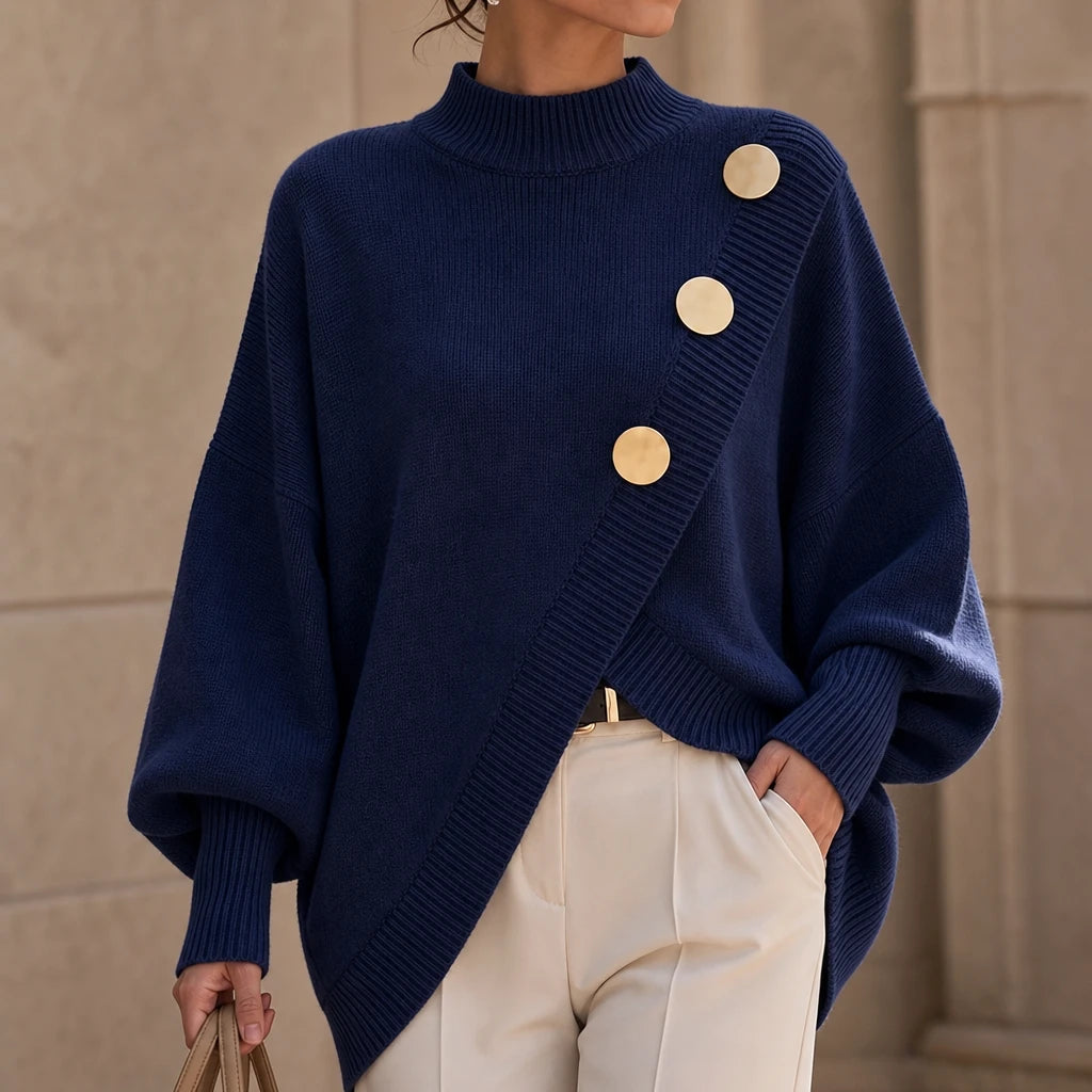 Dam Asymmetrisk Mock-Neck Stickad Tröja - Minimalistisk
