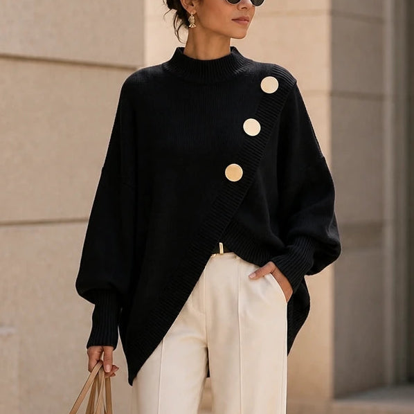 Dam Asymmetrisk Mock-Neck Stickad Tröja in svart, Minimalistisk