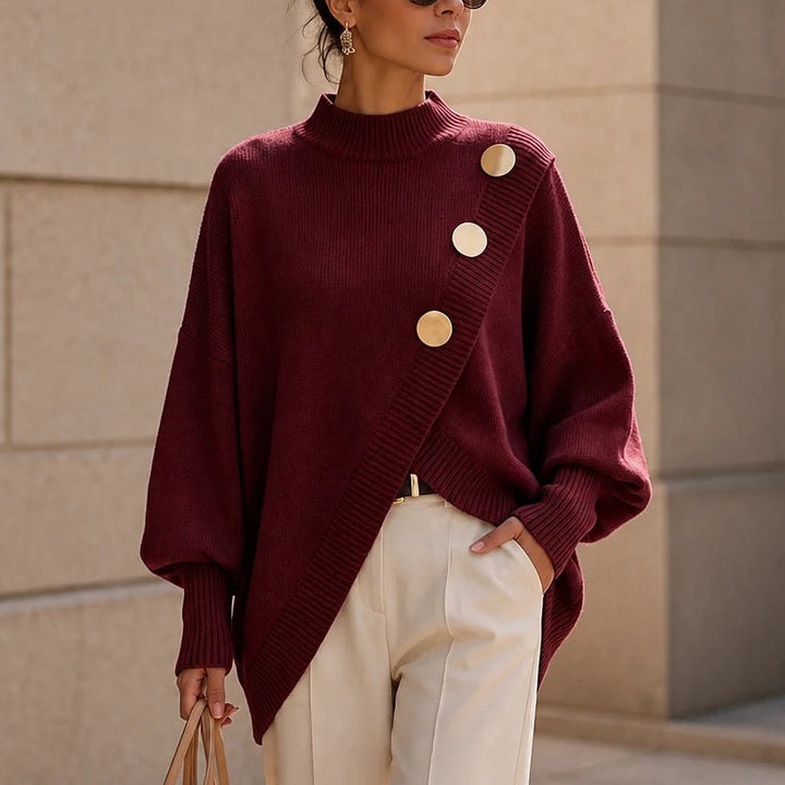 Dam Asymmetrisk Mock-Neck Stickad Tröja in vinröd, Minimalistisk
