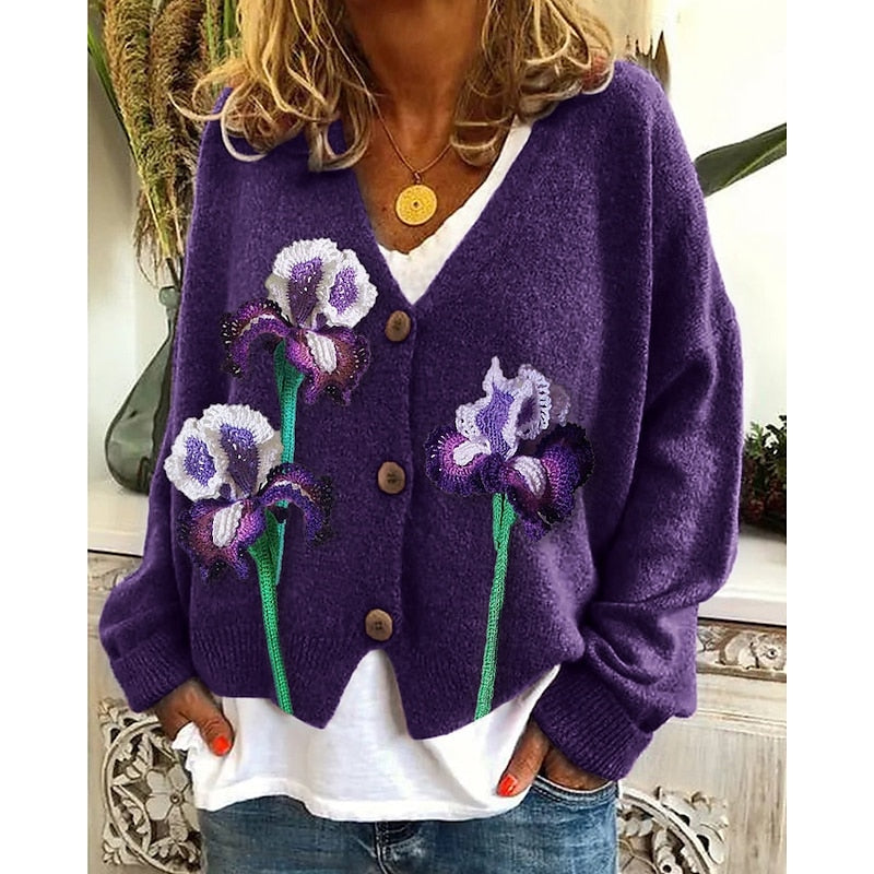 Dam Blommig Cardigan in lila, Elegant Överdel