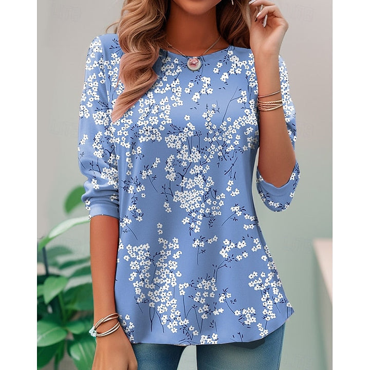 Dam Blommig Långärmad Topp in blå, Klassisk Elegant Stil