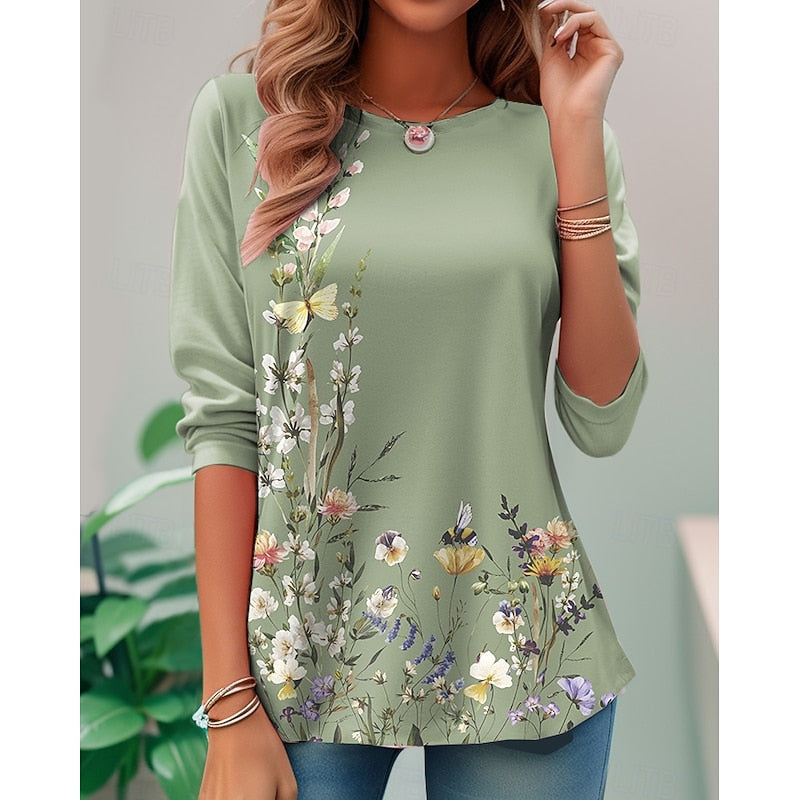 Dam Blommig Långärmad Topp in grön, Klassisk Elegant Stil