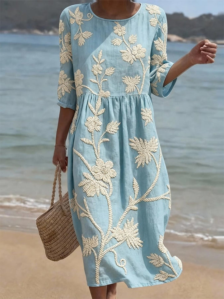 Dam Blommig Midi-Klänning - Elegant Rundnäck - Blå