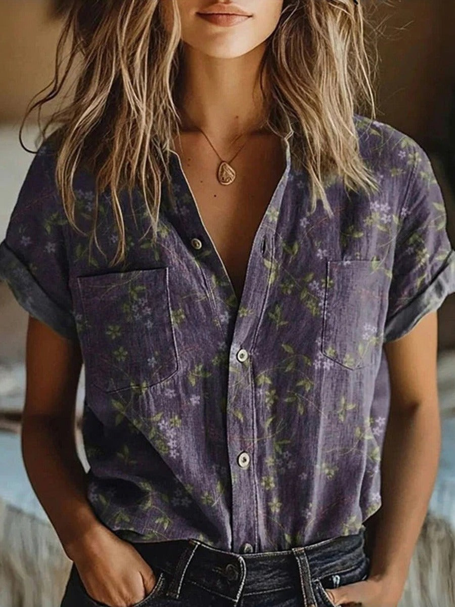 Dam Blus Blommig Kortärmad in lila, Klassisk Elegans