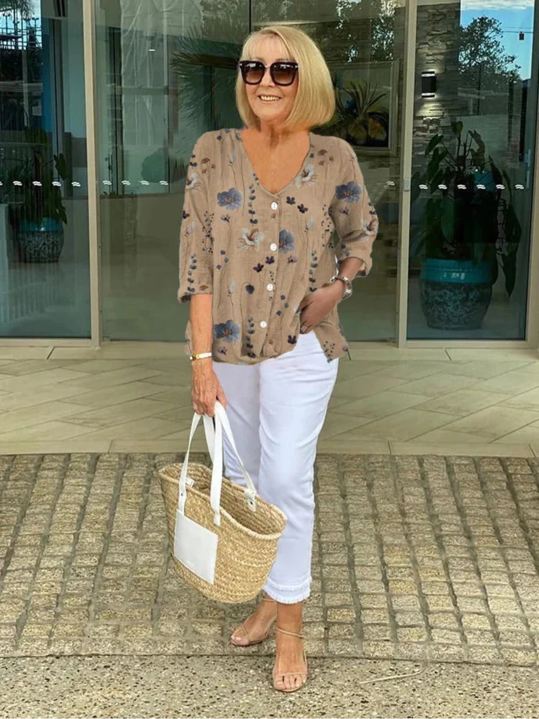 Dam Blus med Blomstermönster - Casual Skjorta - Khaki
