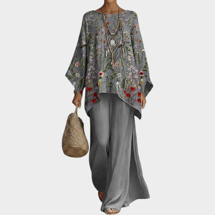 Dam Bohemisk Broderad Tvådelad Set - Elegant Fritidsstil - Grå