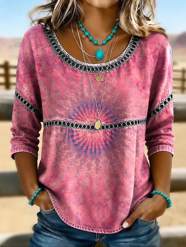 Dam Bohemisk Spetsblus med 3/4-ärmar in rosa, Elegant Paisley