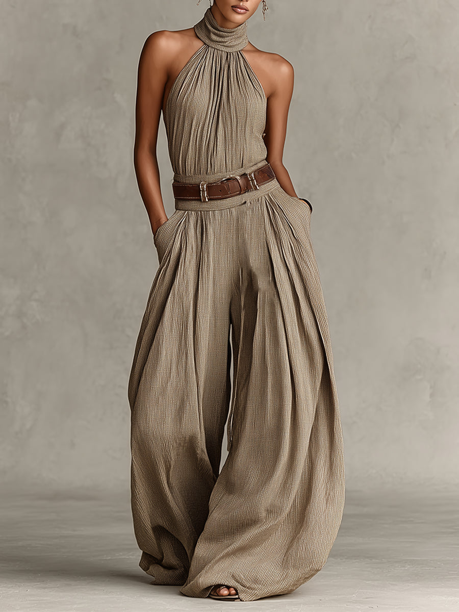 Dam Boho Jumpsuit med Halsband och Vida Ben - Taupe