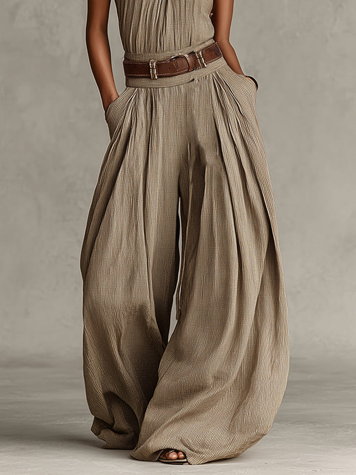 Dam Boho Jumpsuit med Halsband och Vida Ben - Taupe