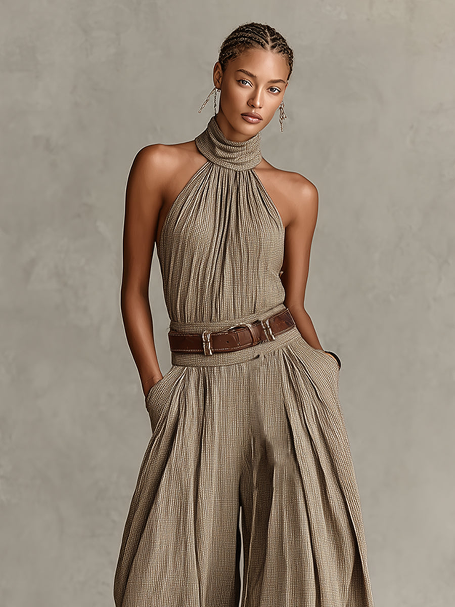 Dam Boho Jumpsuit med Halsband och Vida Ben - Taupe