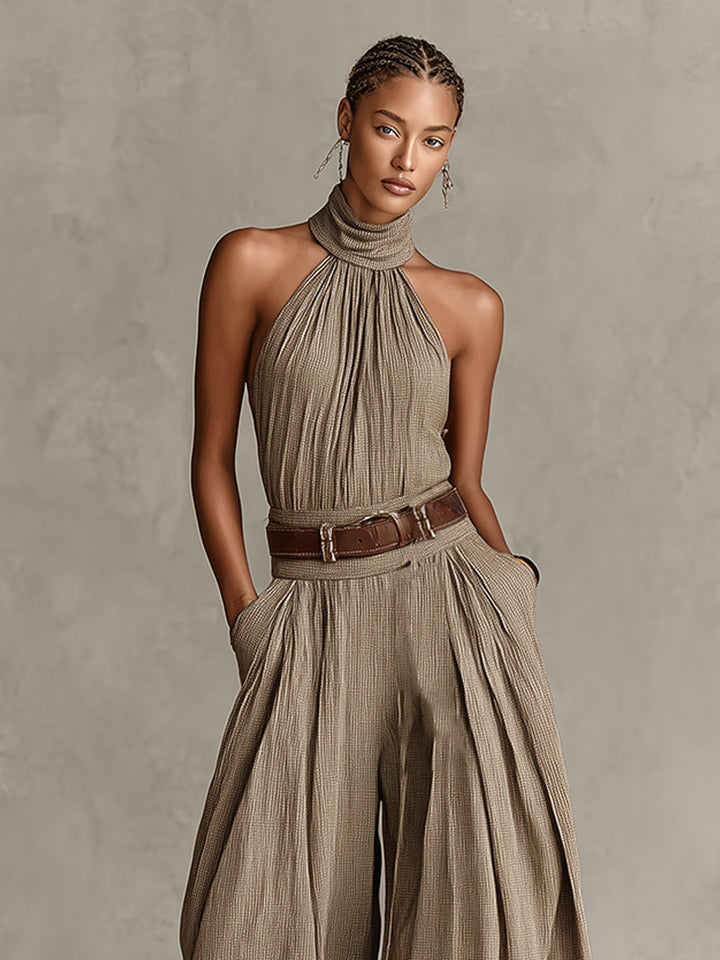 Dam Boho Jumpsuit med Halsband och Vida Ben - Taupe