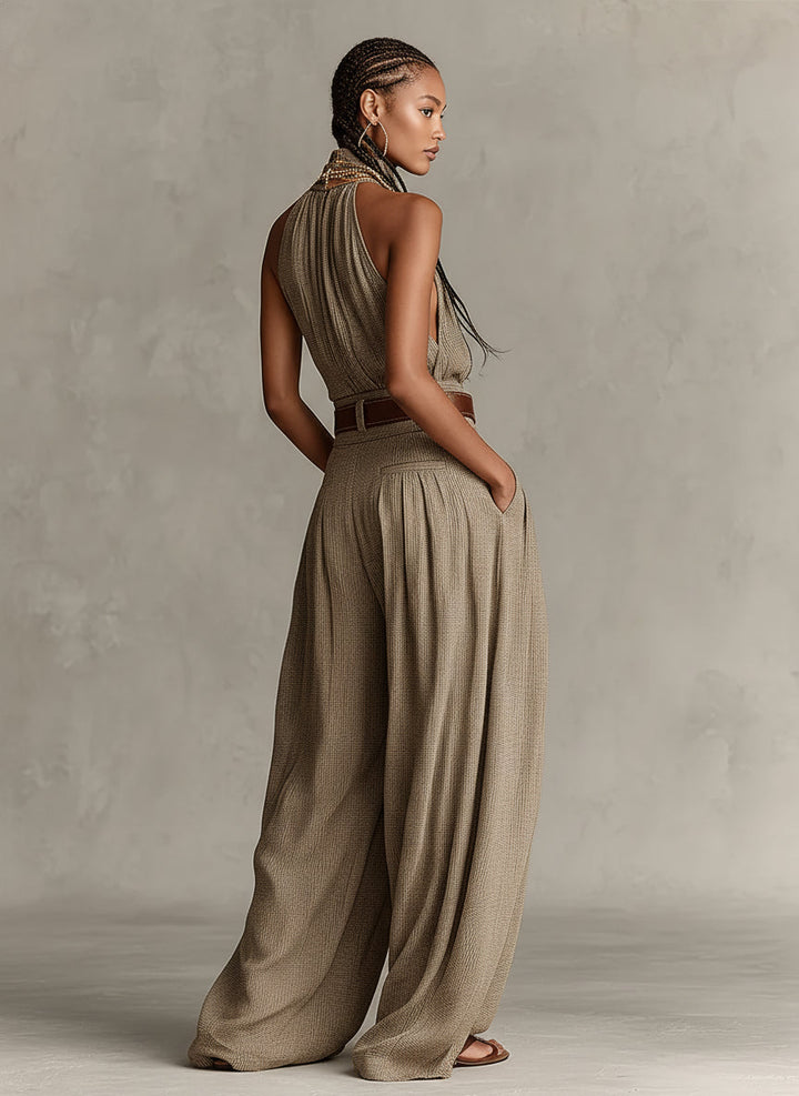 Dam Boho Jumpsuit med Halsband och Vida Ben - Taupe
