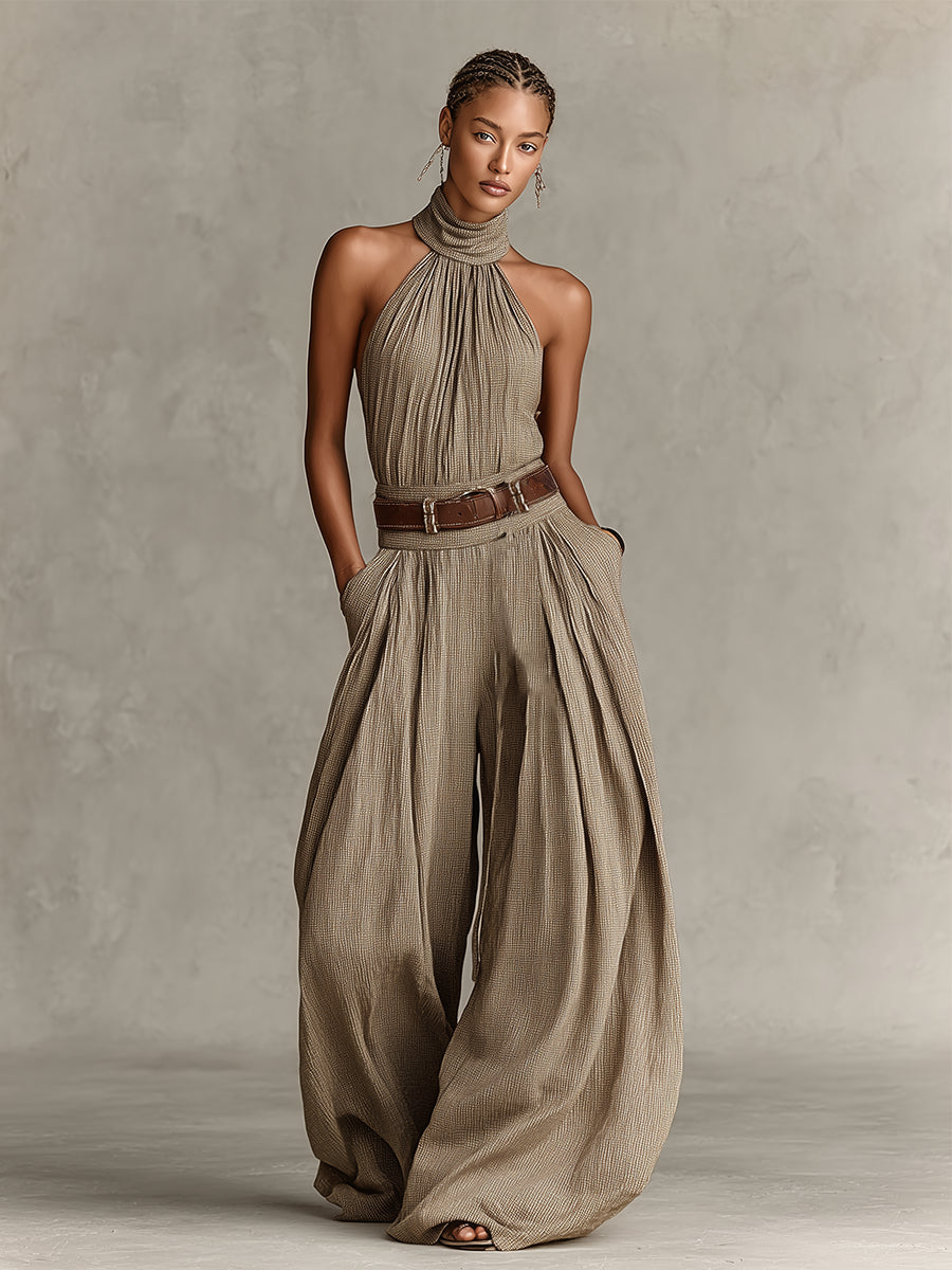 Dam Boho Jumpsuit med Halsband och Vida Ben - Taupe - Taupe