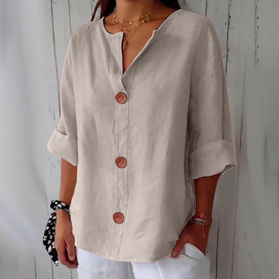 Dam Bomull-Linne Blus - Avslappnad Sommartopp - Beige
