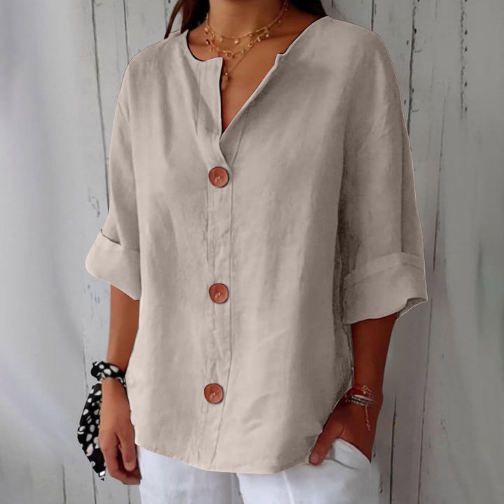 Dam Bomull-Linne Blus - Avslappnad Sommartopp - Beige