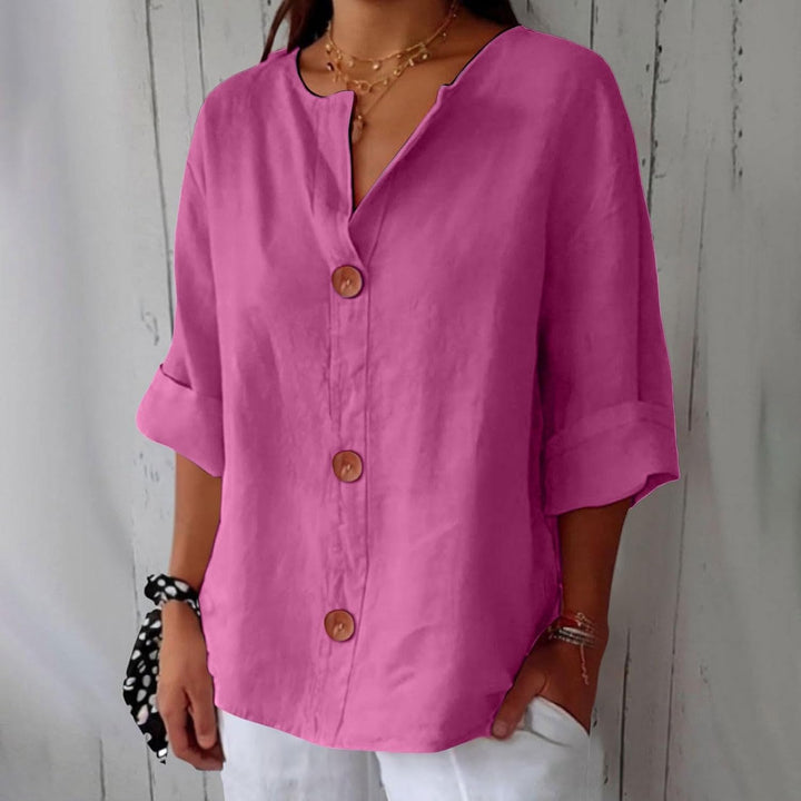 Dam Bomull-Linne Blus - Avslappnad Sommartopp - Rosa