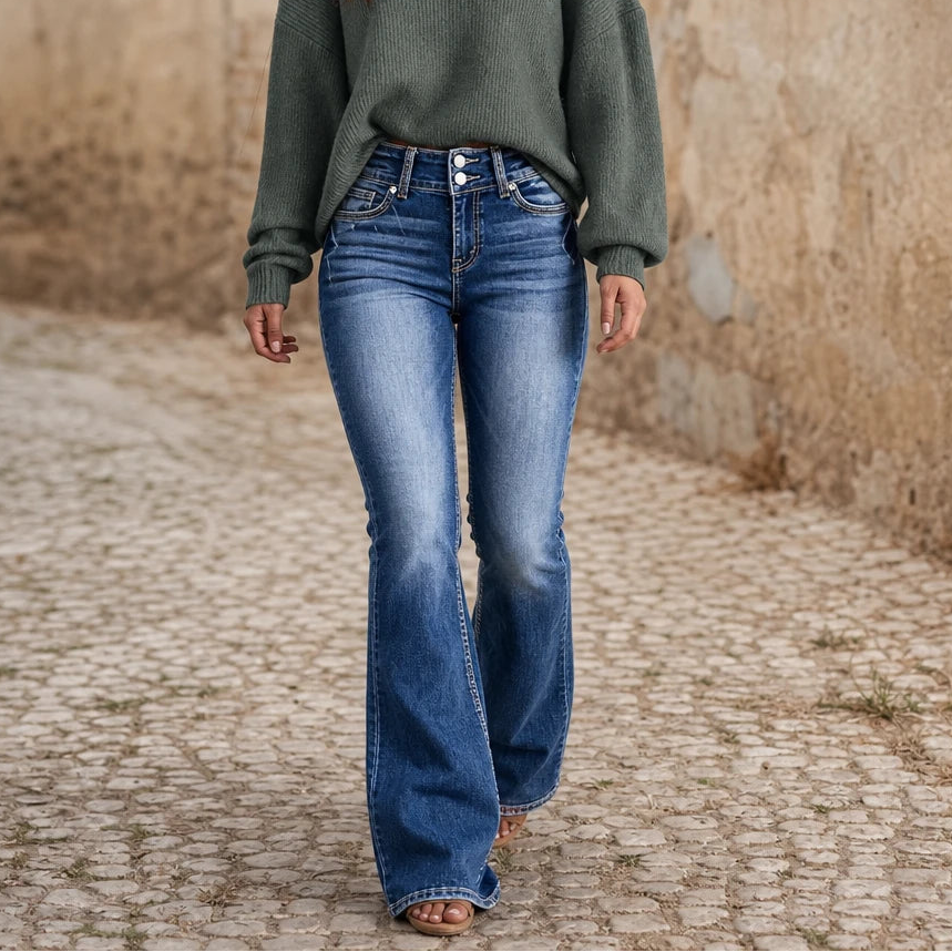 Dam Bootcut Jeans Högt Midja in blå, Dubbelknapp Passform