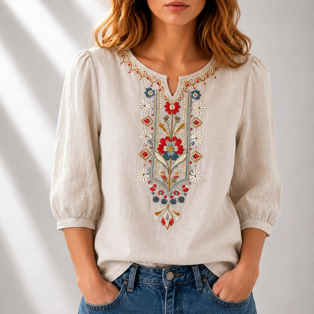 Dam Broderad Blus in beige, Klassisk Elegans