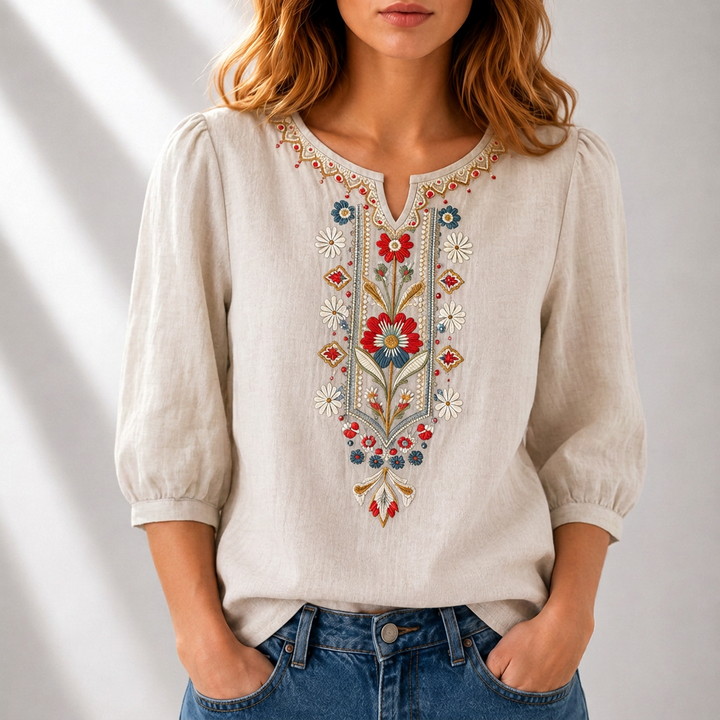 Dam Broderad Blus in beige, Klassisk Elegans