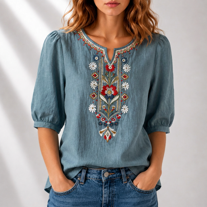 Dam Broderad Blus in blå, Klassisk Elegans