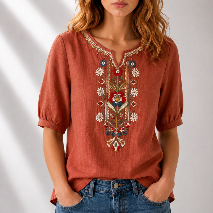 Dam Broderad Blus in bränd orange, Klassisk Elegans