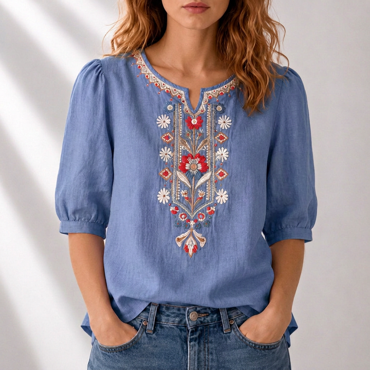 Dam Broderad Blus in denimblå, Klassisk Elegans