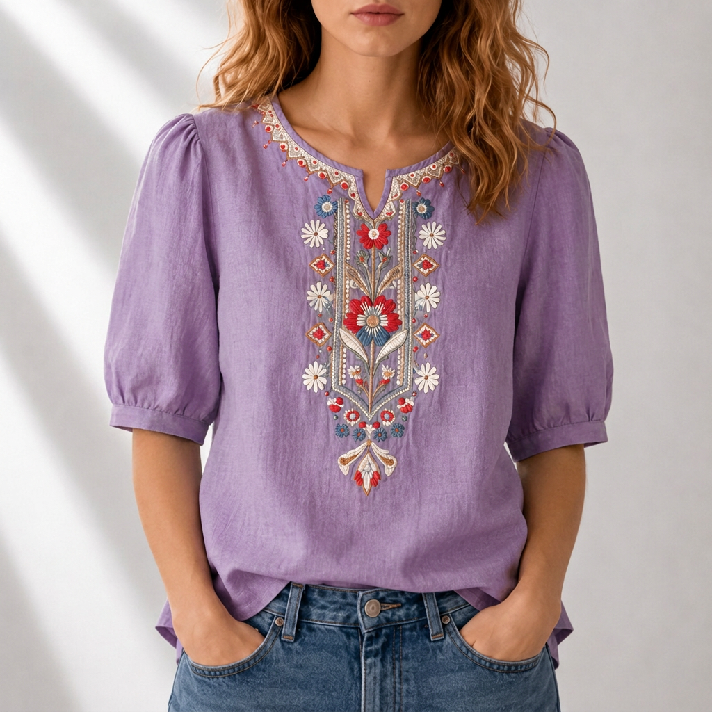 Dam Broderad Blus in lila, Klassisk Elegans
