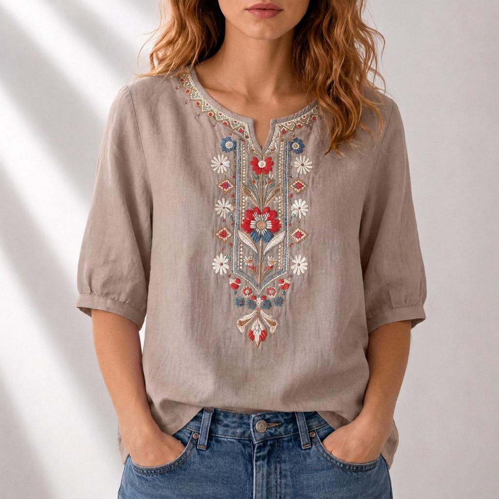 Dam Broderad Blus in mörk khaki, Klassisk Elegans