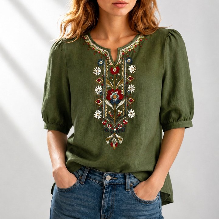 Dam Broderad Blus in olivgrön, Klassisk Elegans