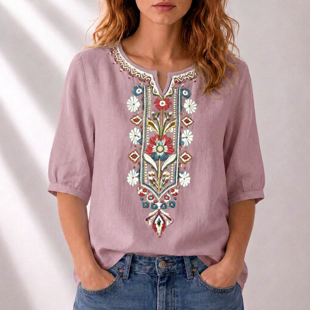 Dam Broderad Blus in rosa, Klassisk Elegans