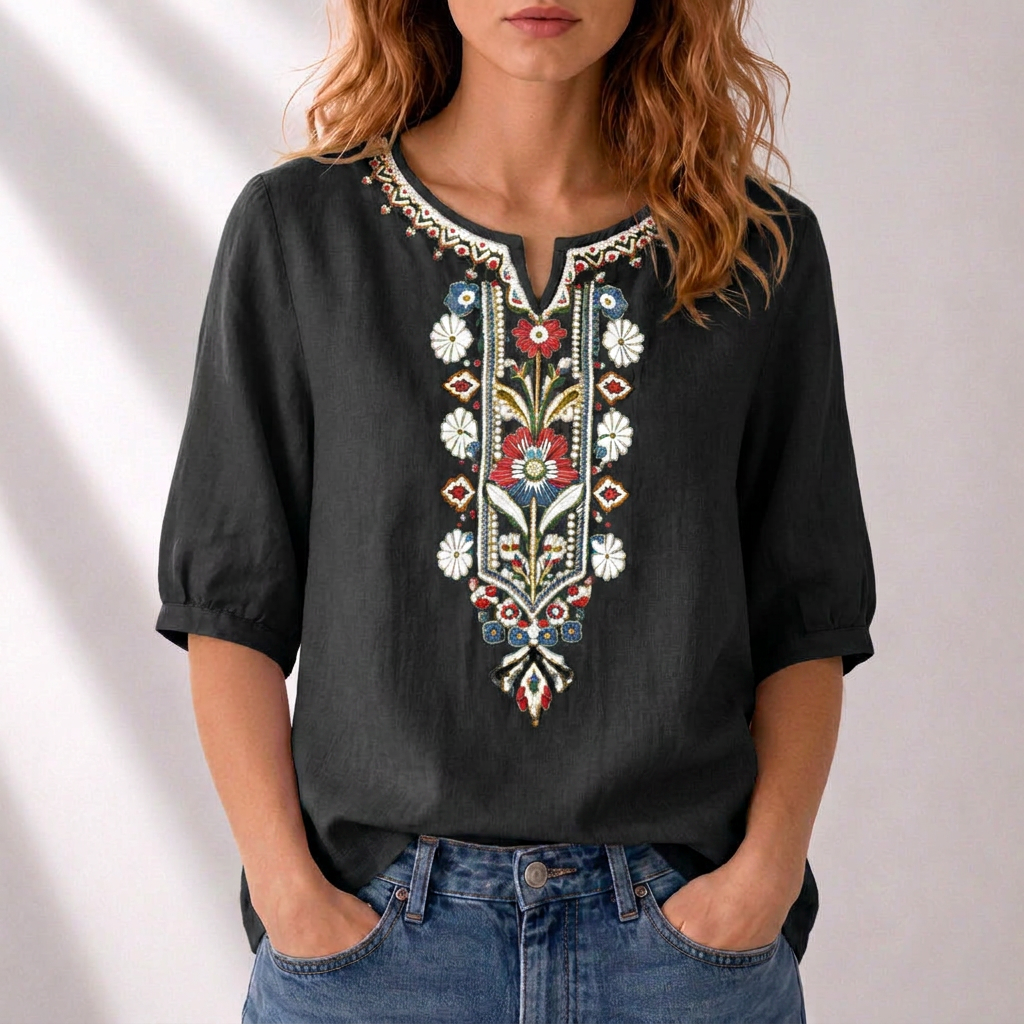 Dam Broderad Blus in svart, Klassisk Elegans
