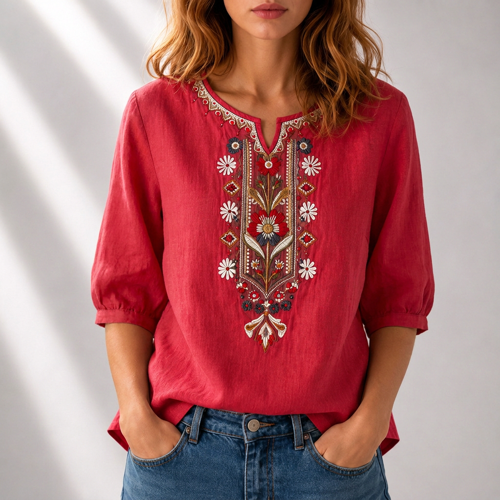 Dam Broderad Blus in tegelröd, Klassisk Elegans