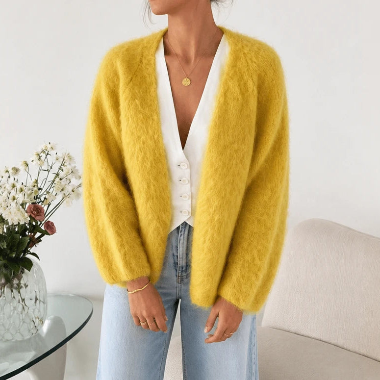 Dam Cardigan i Borstad Mohair-Ull in gul, Öppen Framslå