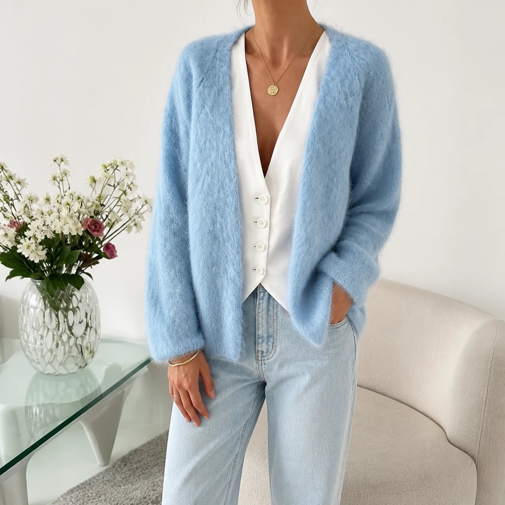 Dam Cardigan i Borstad Mohair-Ull in himmelblå, Öppen Framslå