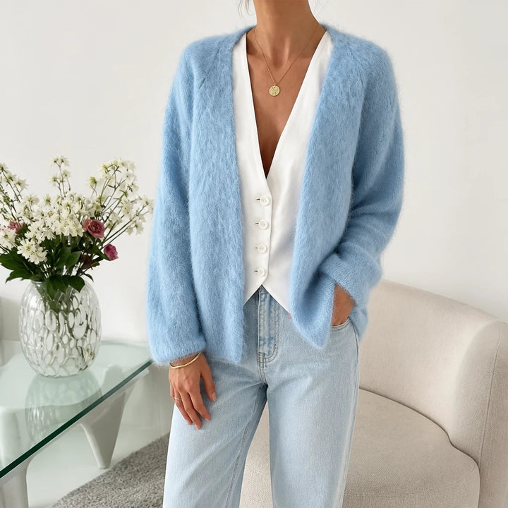 Dam Cardigan i Borstad Mohair-Ull in himmelblå, Öppen Framslå