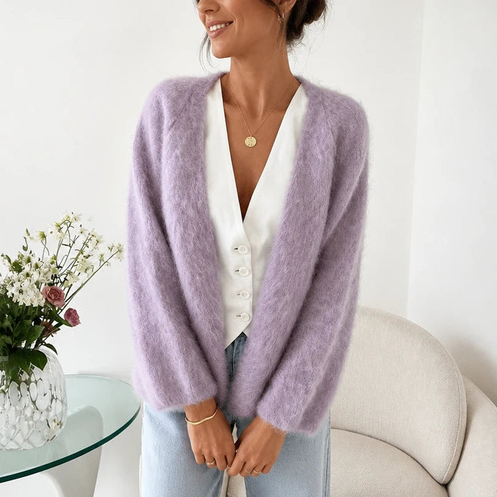 Dam Cardigan i Borstad Mohair-Ull in lila, Öppen Framslå
