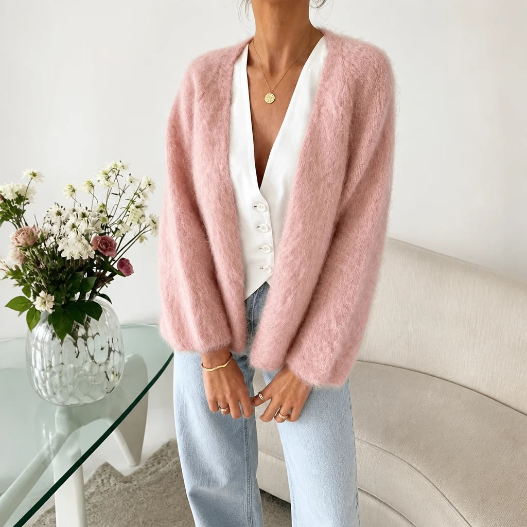 Dam Cardigan i Borstad Mohair-Ull in rosa, Öppen Framslå