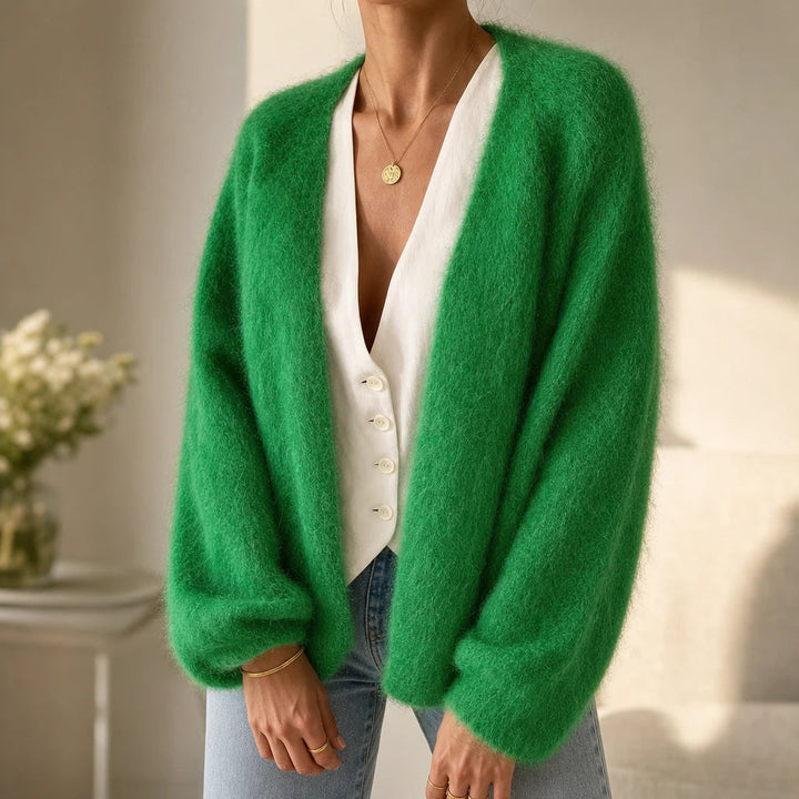 Dam Cardigan i Borstad Mohair-Ull - Öppen Framslå
