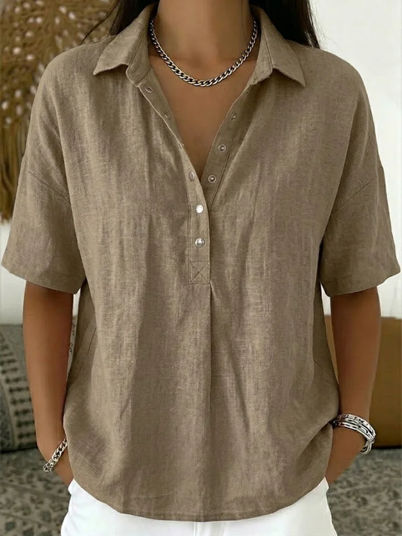 Dam Casual Skjorta med Knappkrage - Klassisk Stil - Khaki